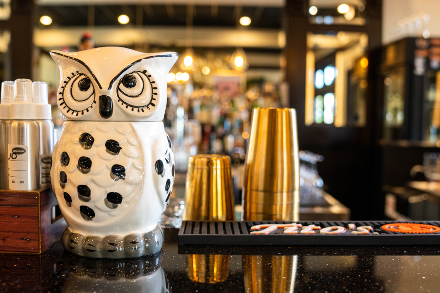 Bar top with owl figurine
