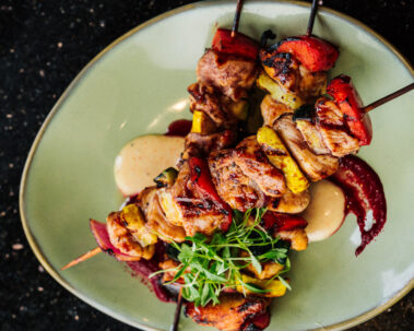 Chicken Pintxos & Market Vegetable Skewers closeup
