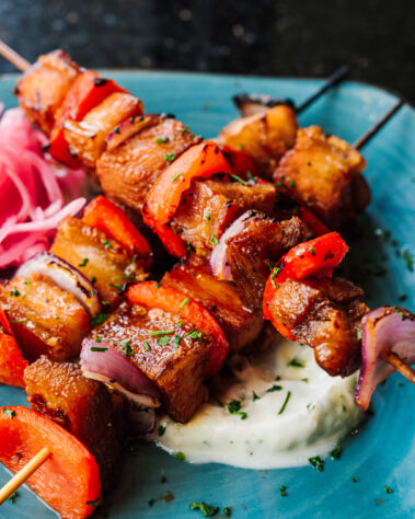 Crispy Pork Belly Skewers closeup